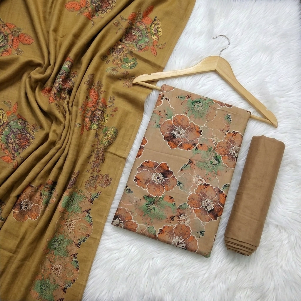 Marina 3-Piece Unstitched Suit with Pashmina Wool Shawl