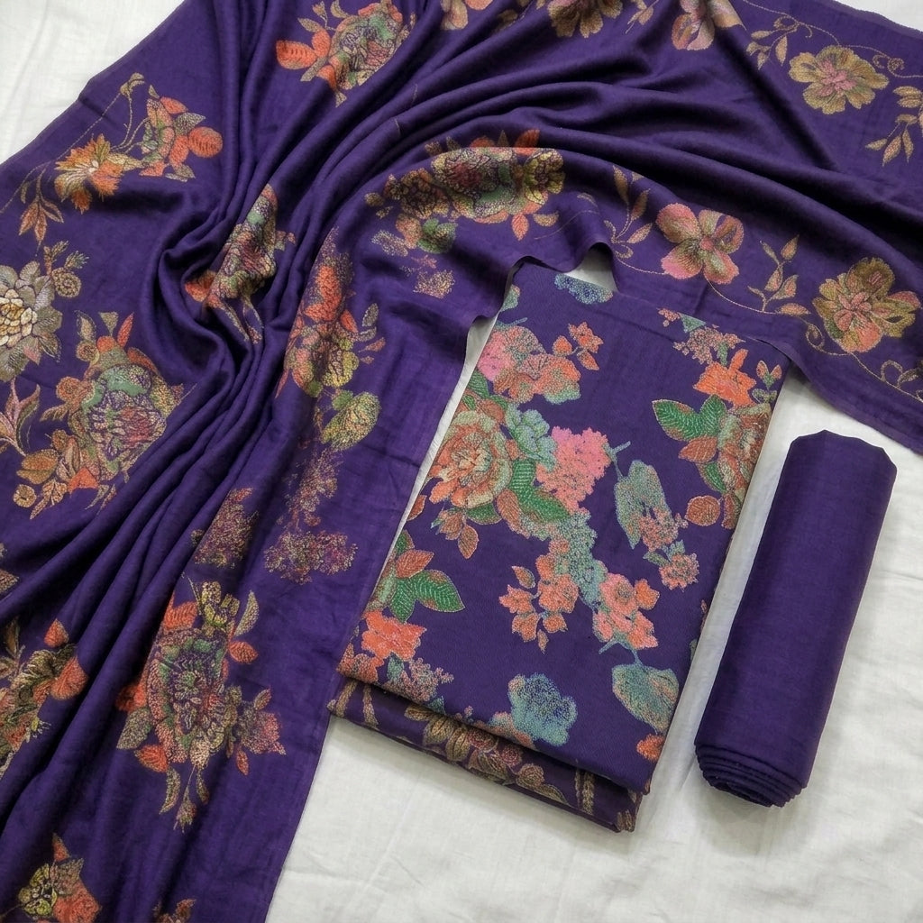 Marina 3-Piece Unstitched Suit with Pashmina Wool Shawl