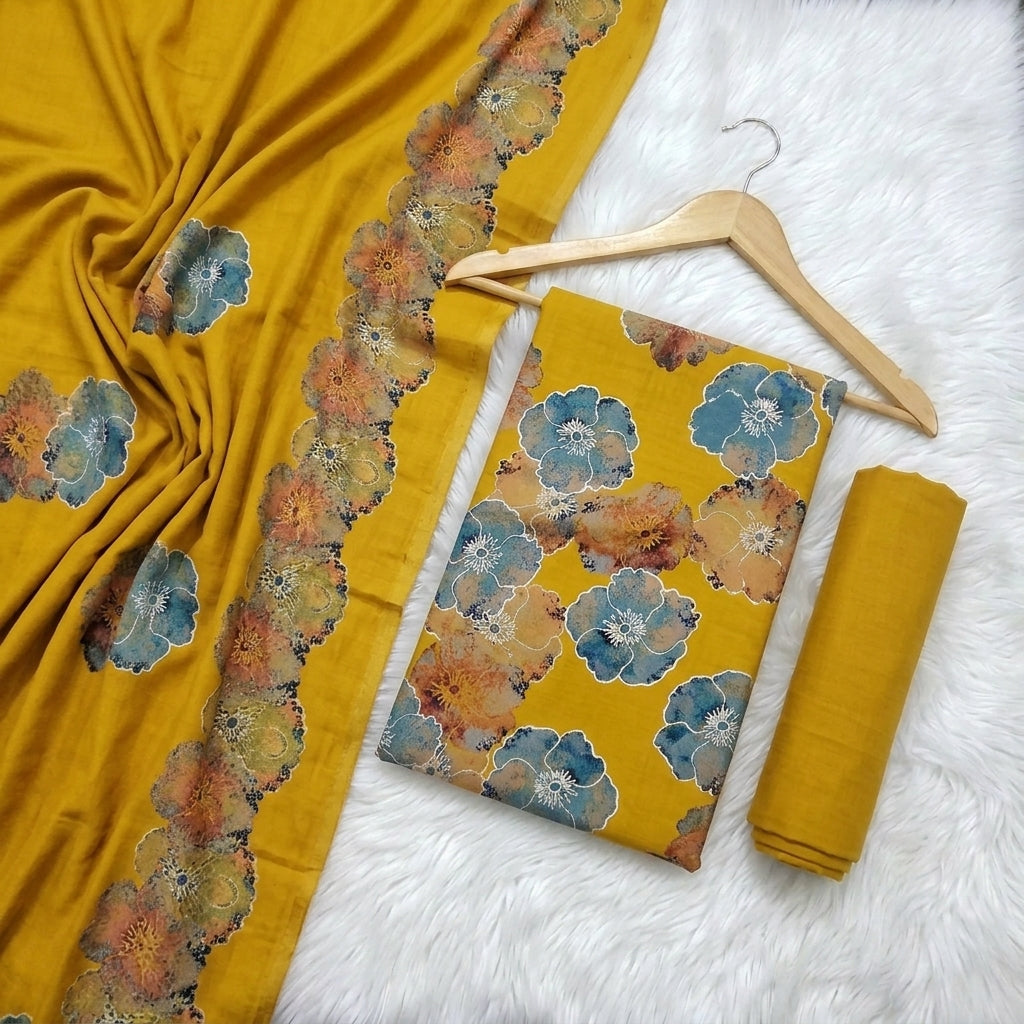 Marina 3-Piece Unstitched Suit with Pashmina Wool Shawl